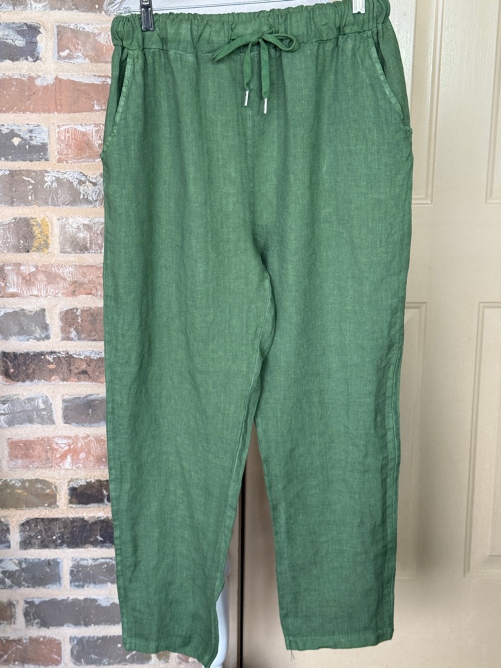 Italian Linen Casual Drawstring Pants Ivy Green Elastic Waist - Picture 1 of 6